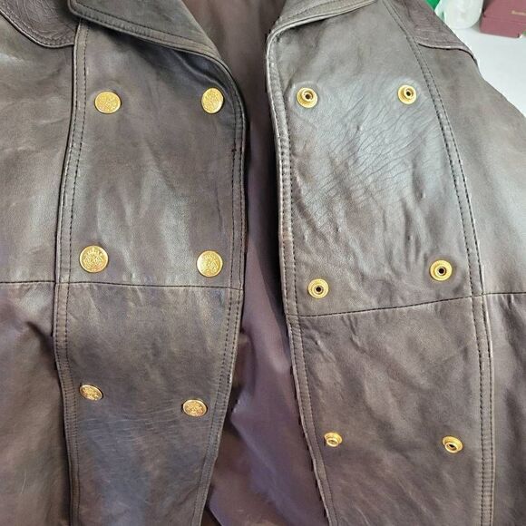 Braefair Vintage 80s Brown Leather Crested Gold Button Double Breasted Coat - Picture 11 of 16